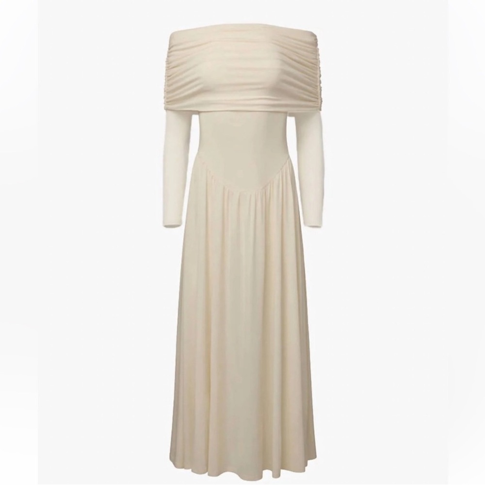We Wore What Off-Shoulder Ruched Midi Dress